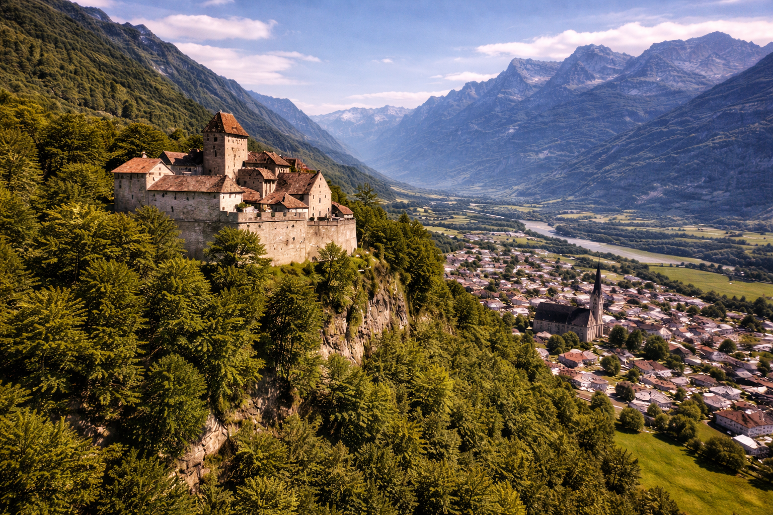 Vaduz Castle on a hill overlooking the city, a green valley, and the Alpine mountains