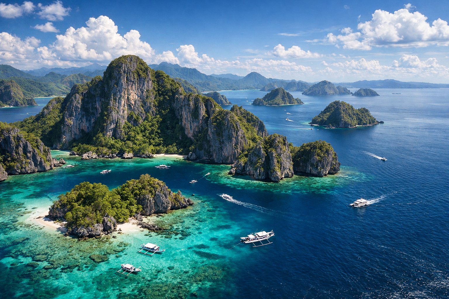 Tropical islands of the Palawan Archipelago amid the Philippines’ turquoise ocean.