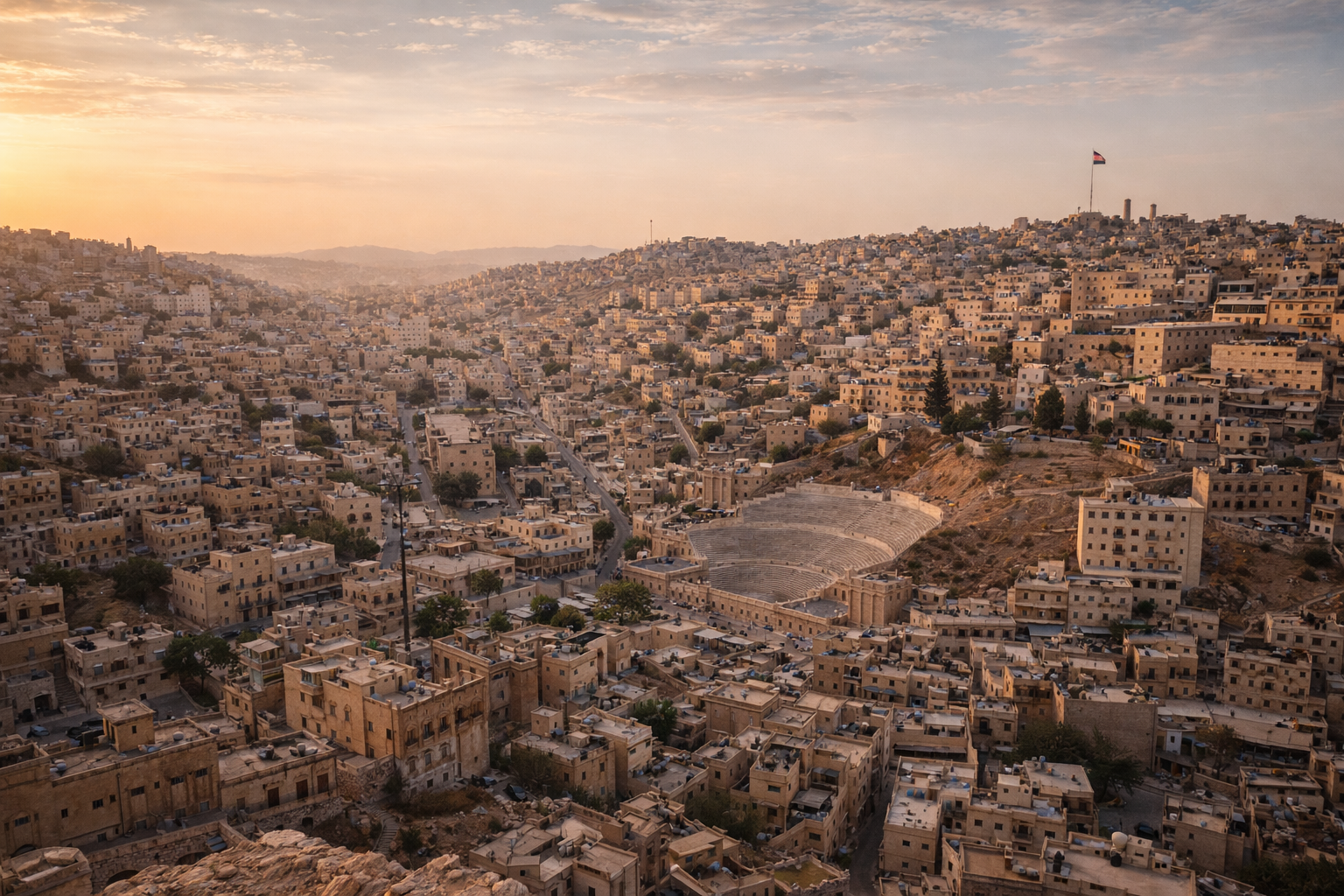 פנורמה של עמאן בירדן עם בנייה על גבעות, התיאטרון הרומי, המצודה ואור ערב חמים מעל העיר