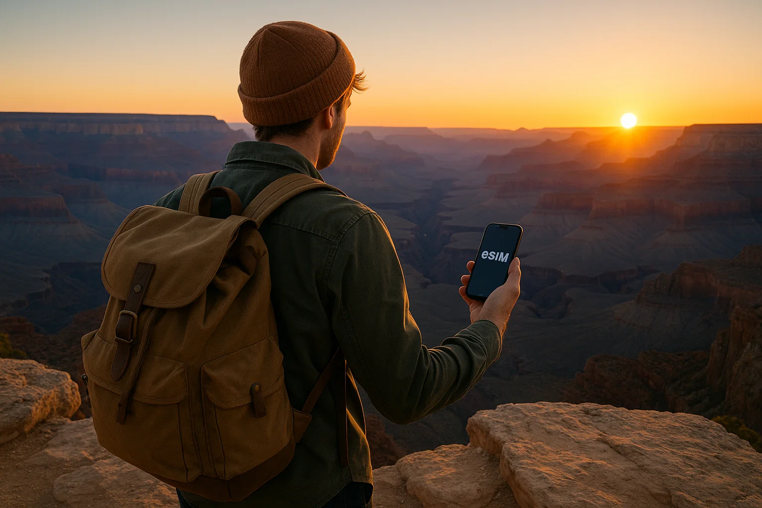 Tourist at the Grand Canyon using eSIM