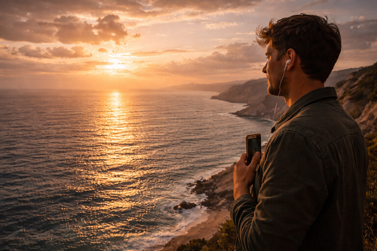 A wide coastal panorama with sea to the horizon and sunset light reflecting on the water; a person in profile stands at the edge of the frame, listening to music, holding a phone against their chest—only the side edge of the device is visible.