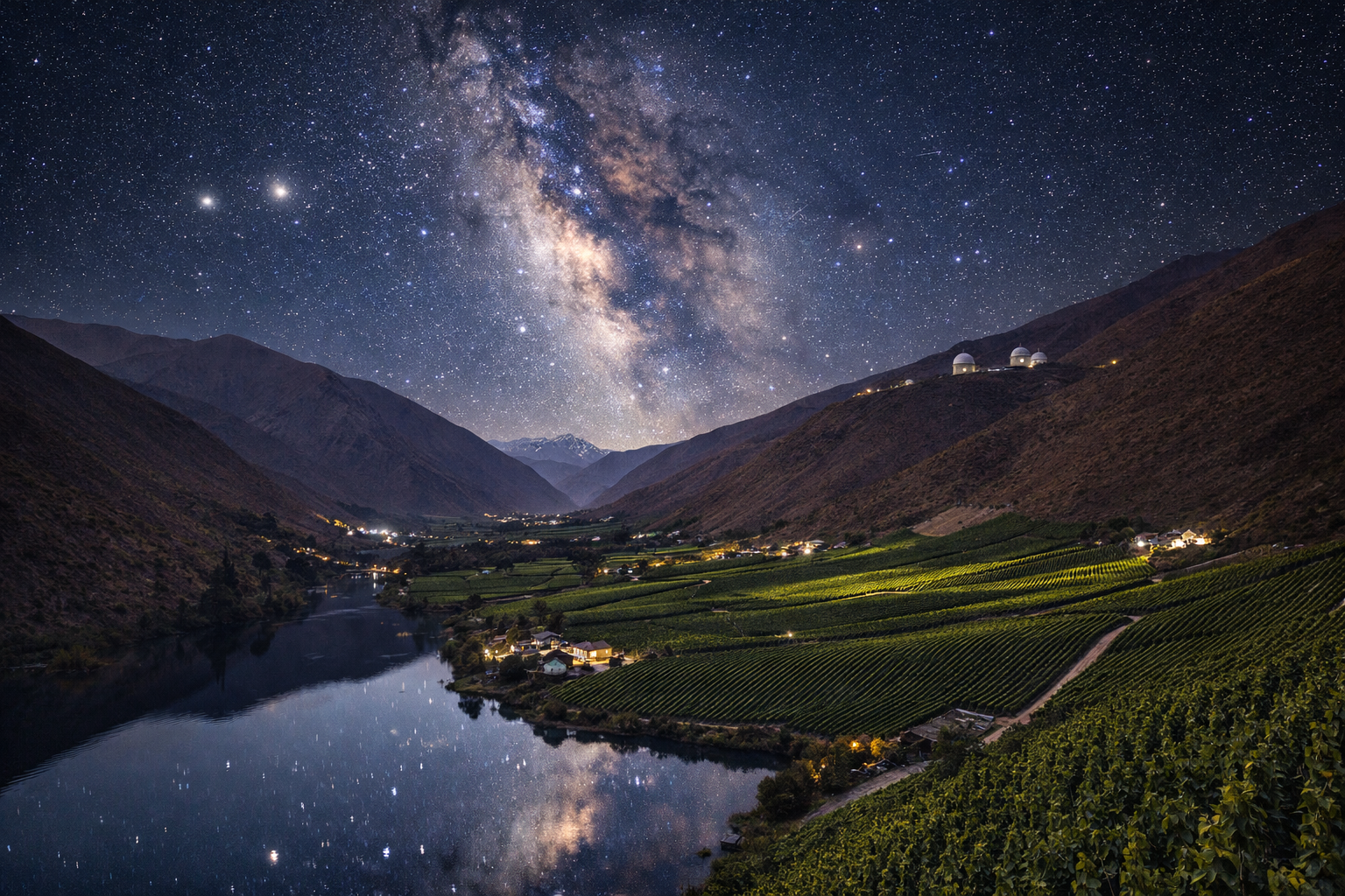 Cielo stellato sopra la Valle dell’Elqui e i vigneti