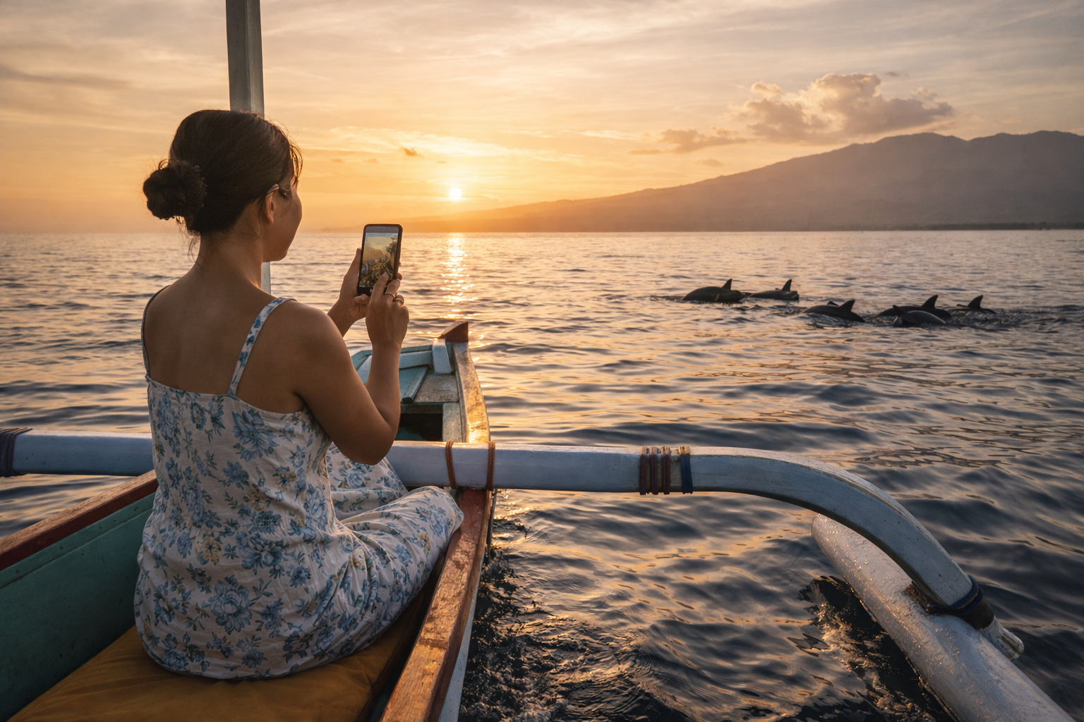 A boat in Lovina at sunrise with a female traveler and dolphins