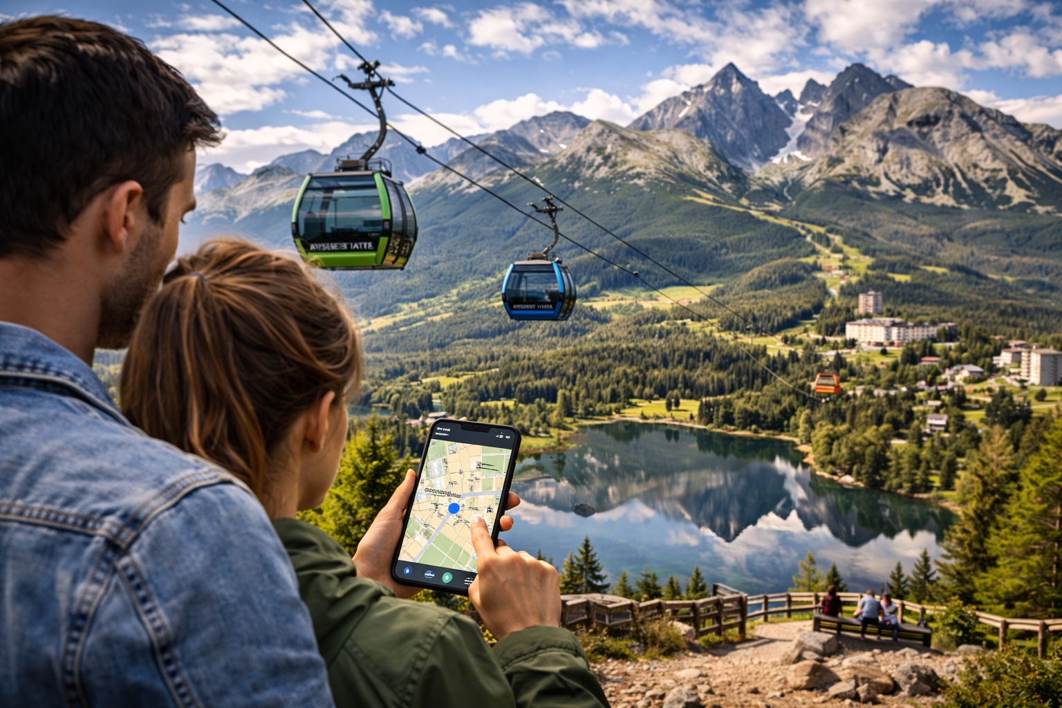 טטרנסקה לומניצה עם רכבל והרים, מטייל משתמש בסמארטפון עם eSIM לניווט