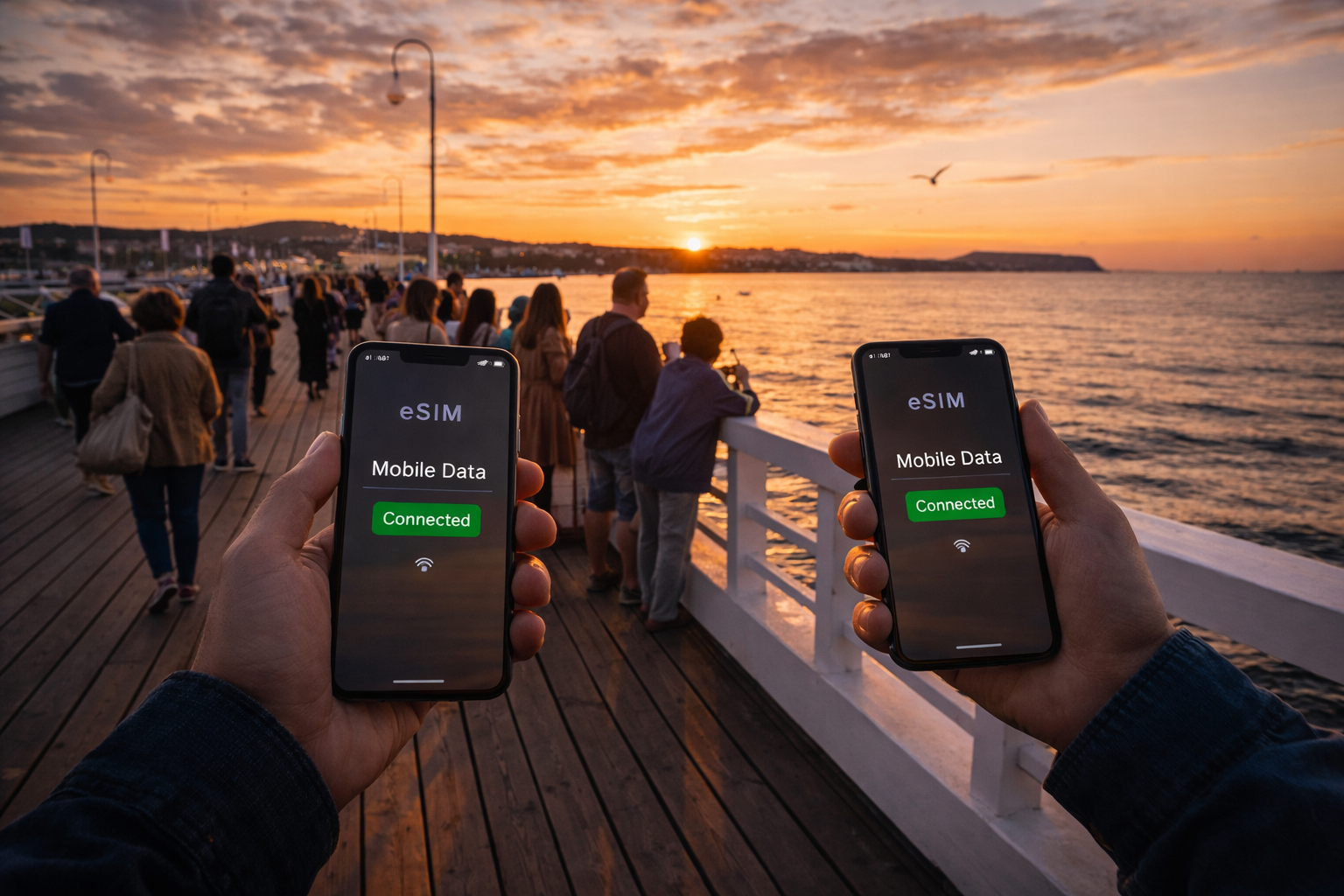 سياح على رصيف سوبوت يستخدمون هواتف ذكية مع eSIM مفعّلة