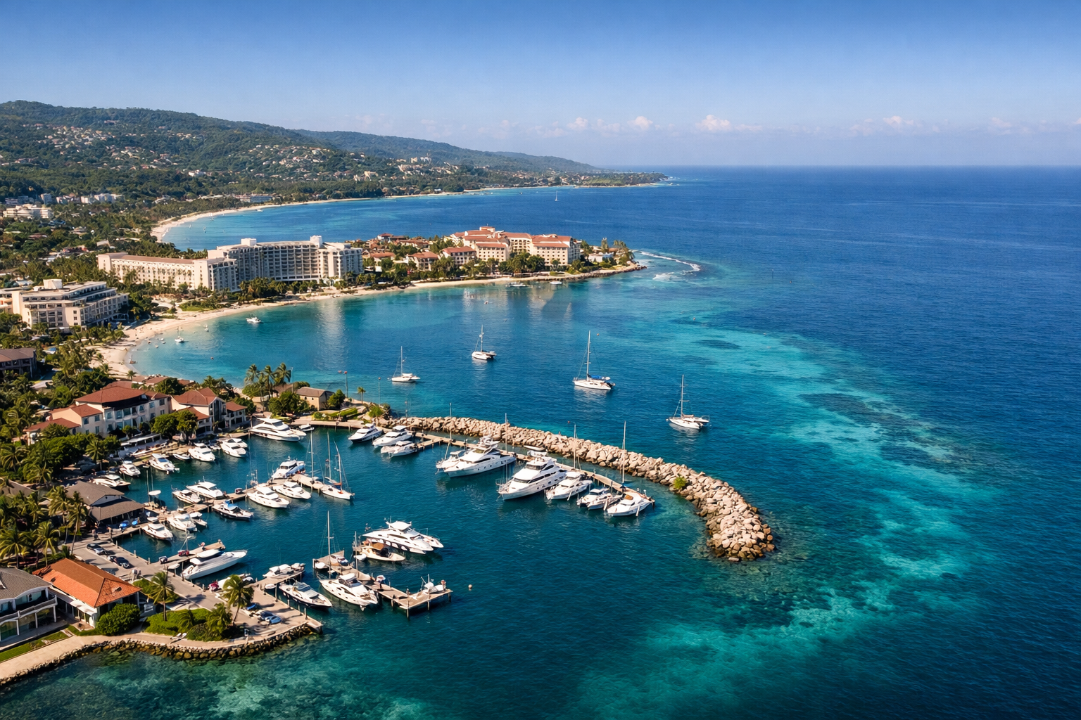 View of the Montego Bay marina with yachts and coastline