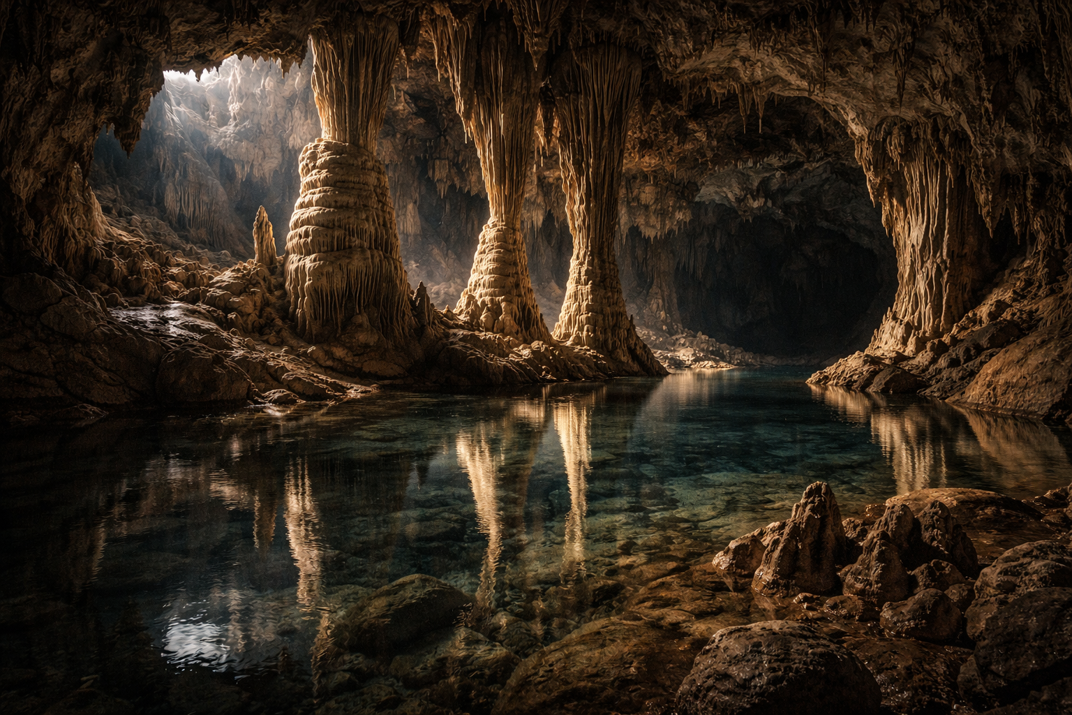 Печера ATM всередині з водою та сталактитами в Белізі