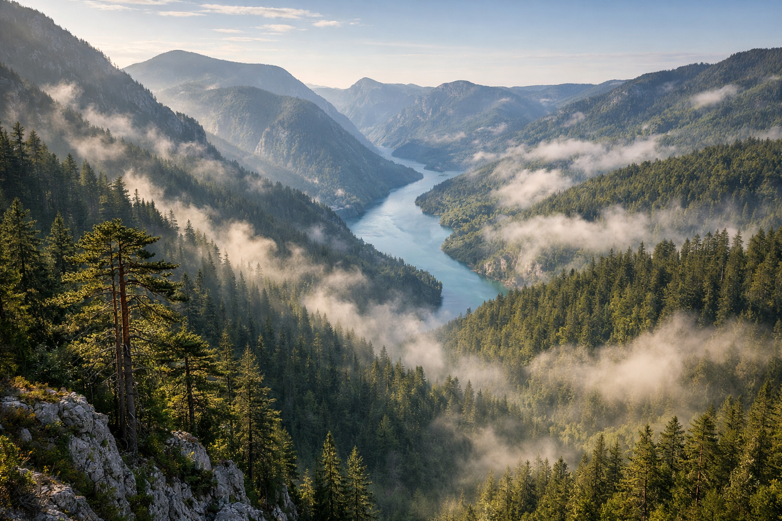 Mountain forests of Tara National Park in Serbia with panoramic views over the Drina River valley.