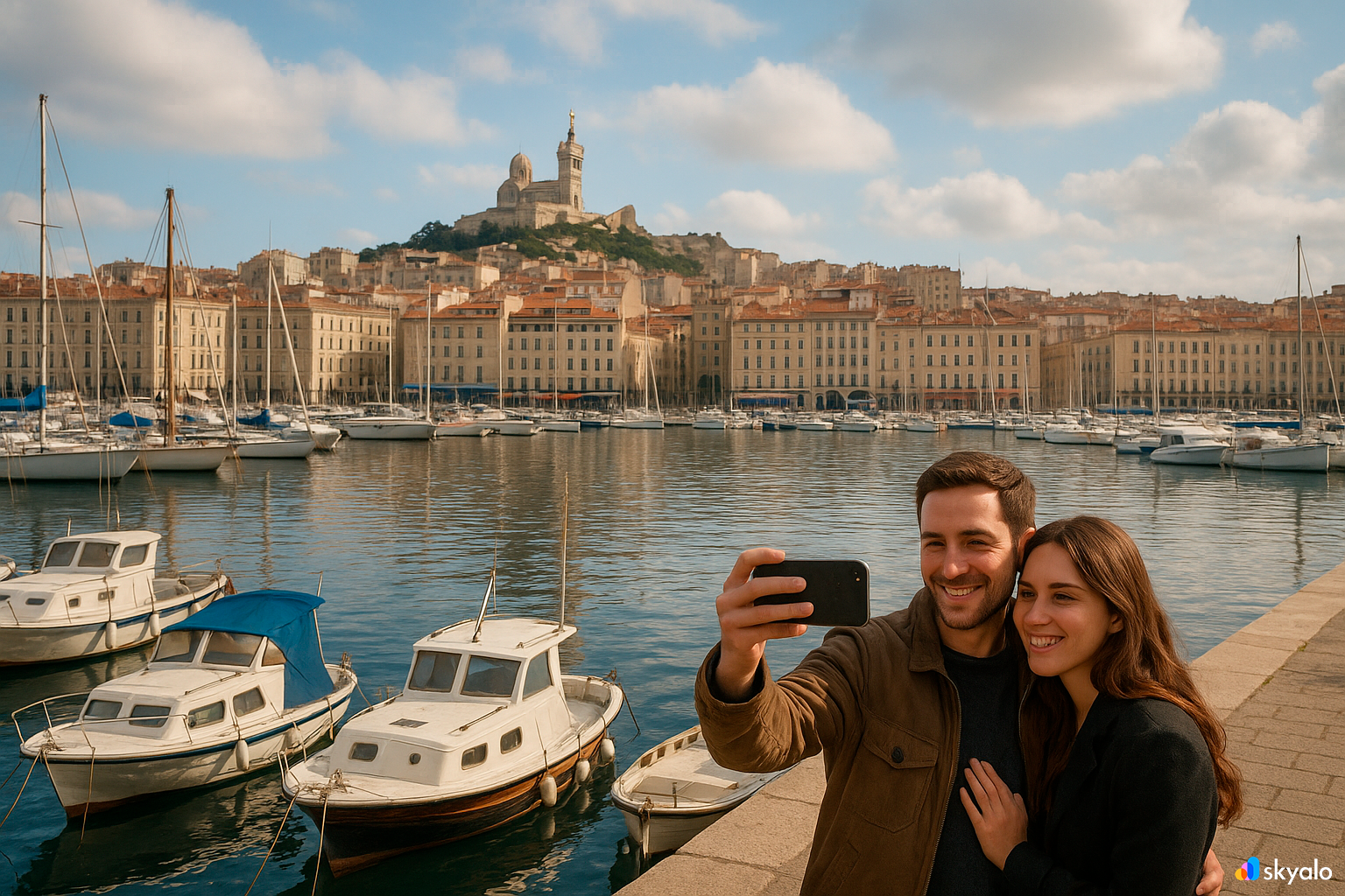 Old Port of Marseille with boats and basilica view, couple taking a selfie