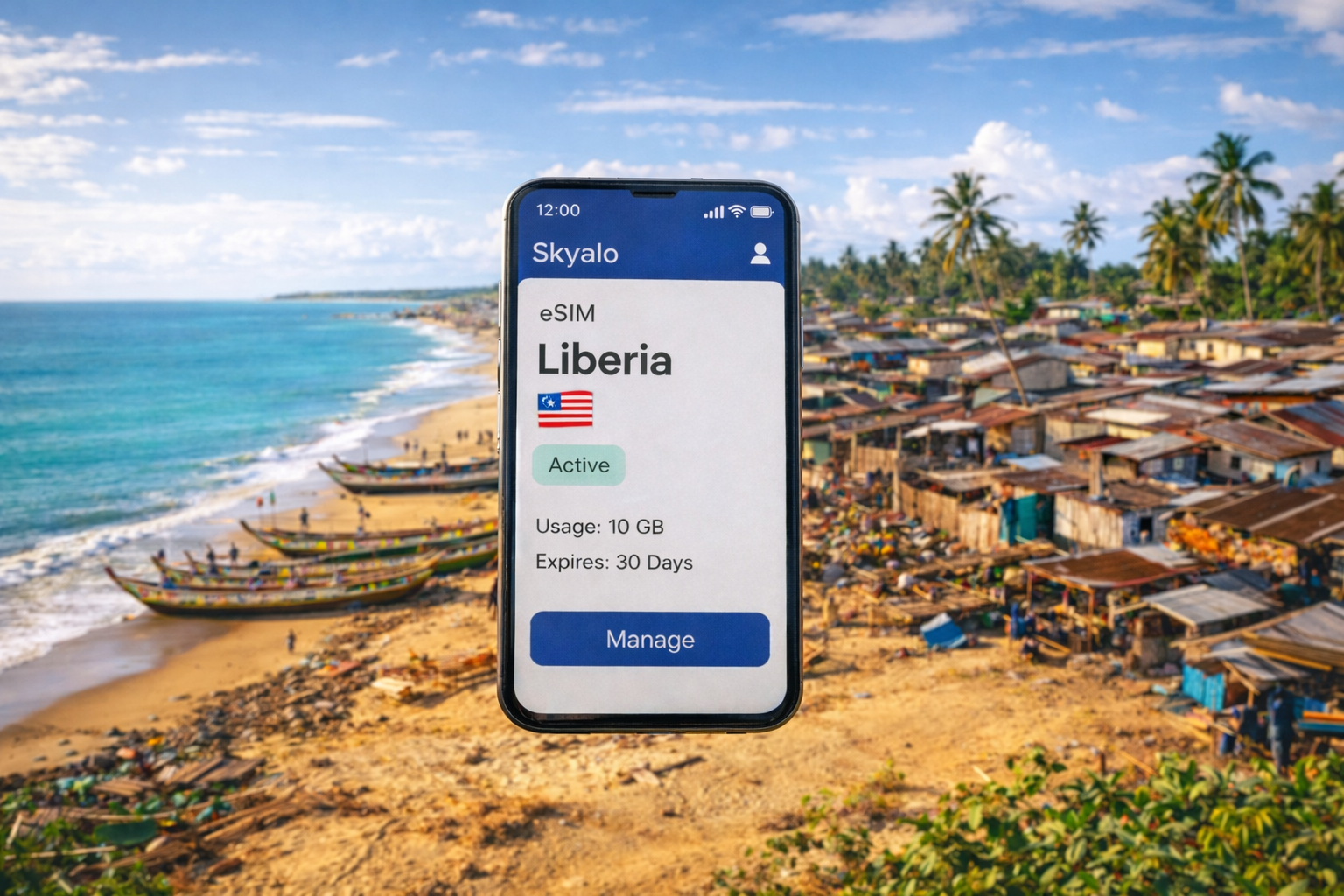 Išmanusis telefonas su aktyvuota eSIM Liberijai, ryškiame pakrantės mieste ir vandenyne