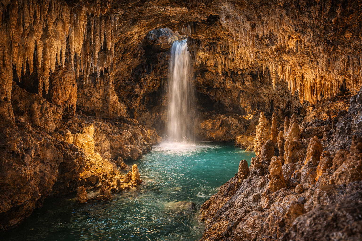 La grotta calcarea sotterranea di Harrison con stalattiti e cascata, Barbados