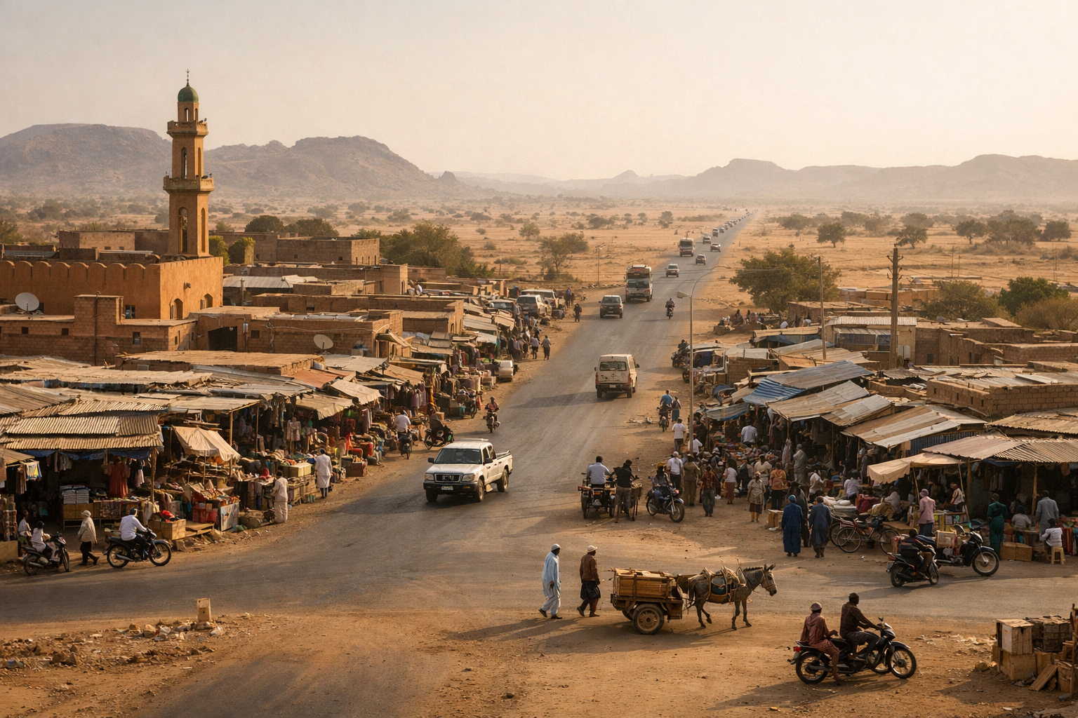 טאהווה בניז'ר עם אור יבש חם, בנייה עירונית ואווירה של עיר מסחר חשובה בגבול הסהל.