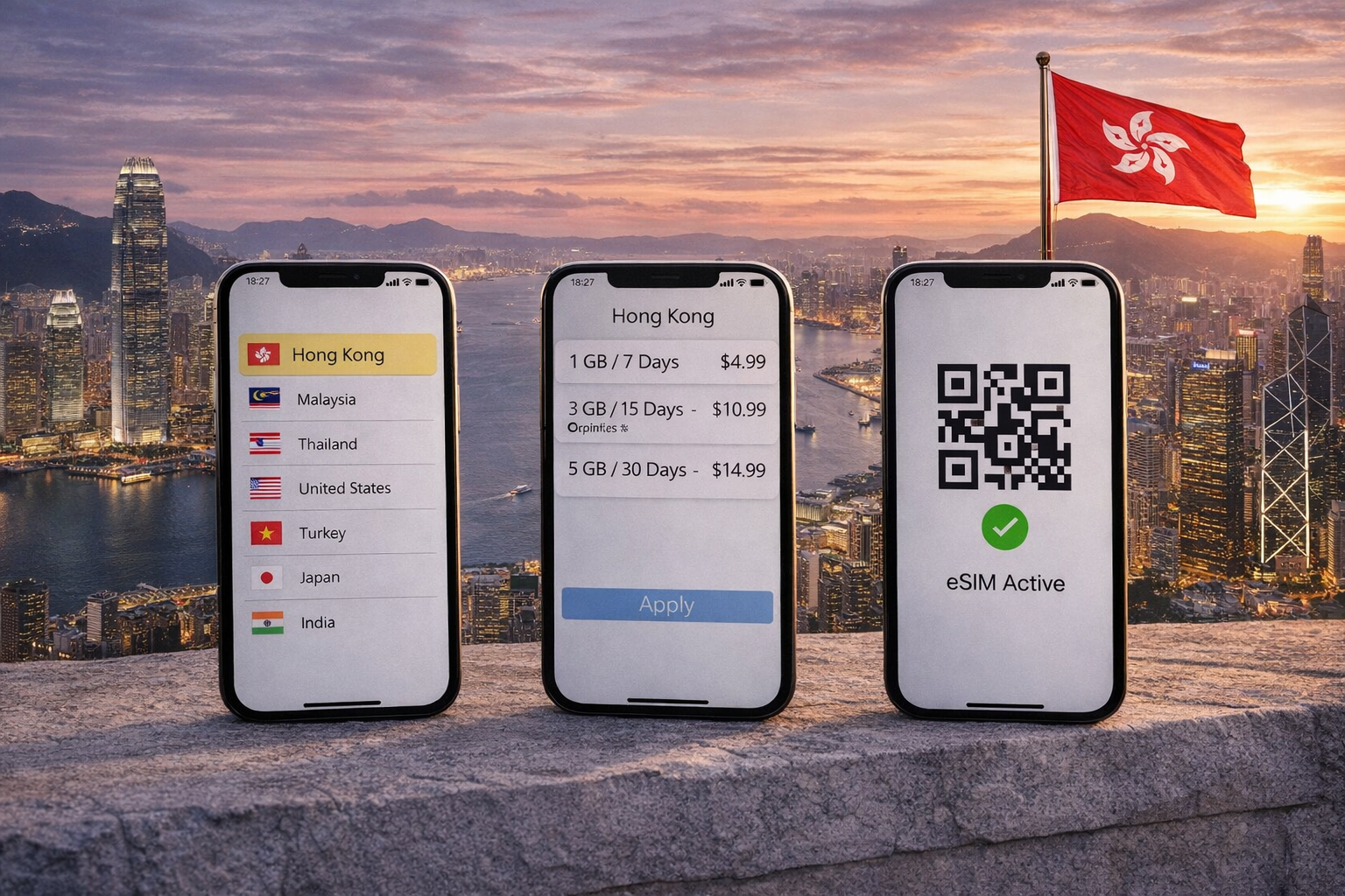 Setting up an eSIM for Hong Kong on smartphones with the Victoria Harbour skyline and the city’s skyscrapers in the background.