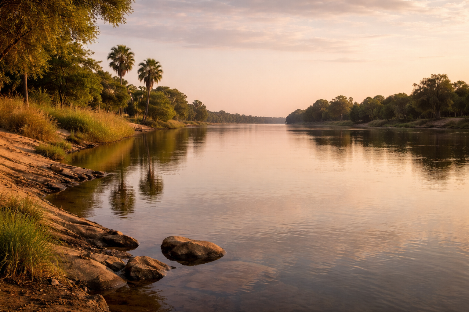 נהר שארי עם מים שקטים והגדות בשקיעה