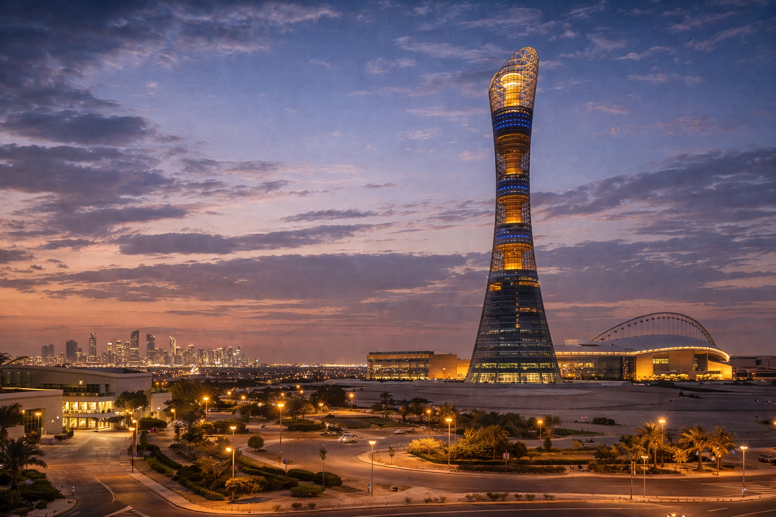 מגדל אספייר בדוחא על רקע שמי ערב ובנייה עירונית מודרנית