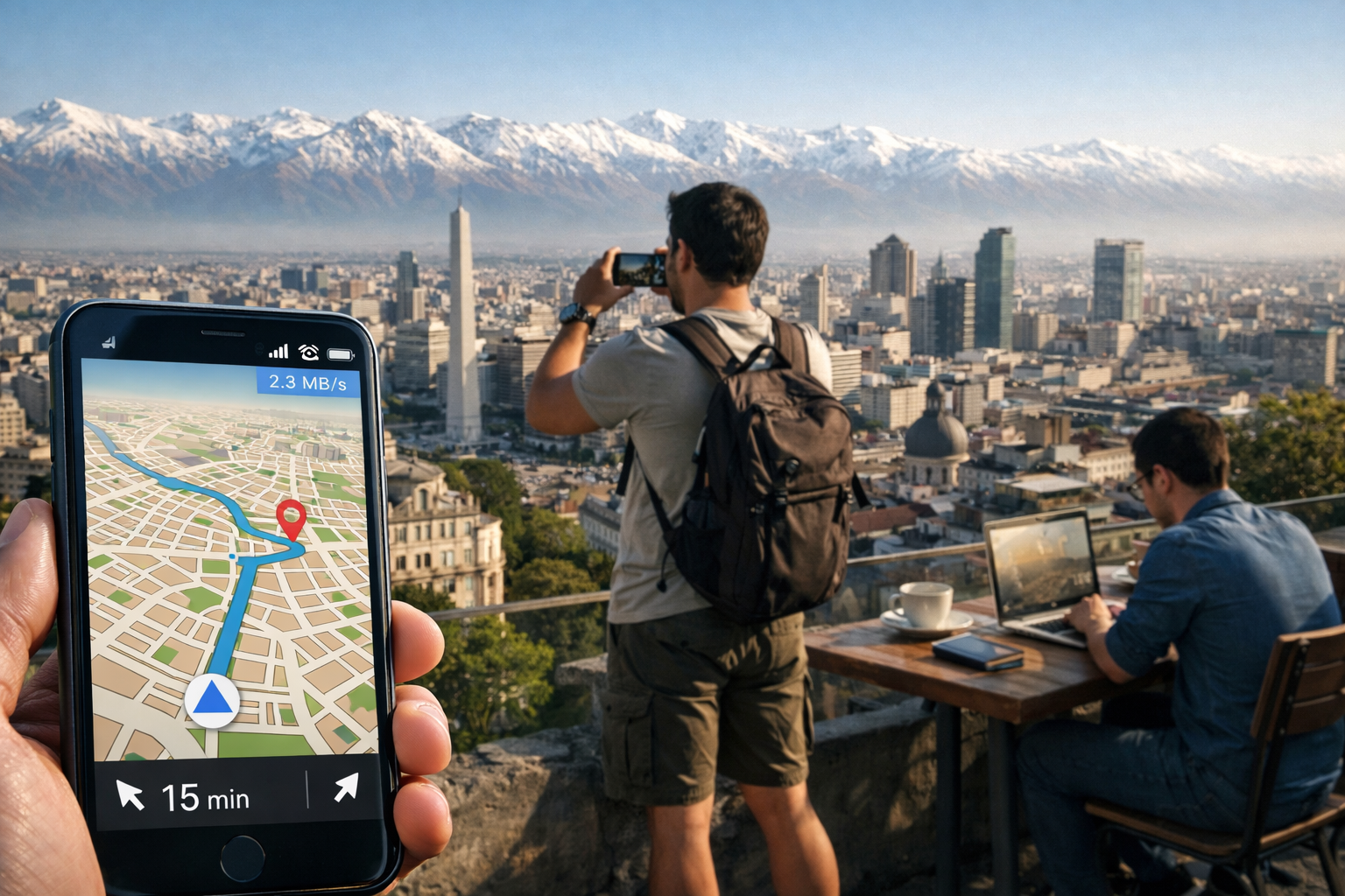 A smartphone with navigation and an active eSIM against the backdrop of Buenos Aires and the Andes, travelers using the internet while exploring Argentina
