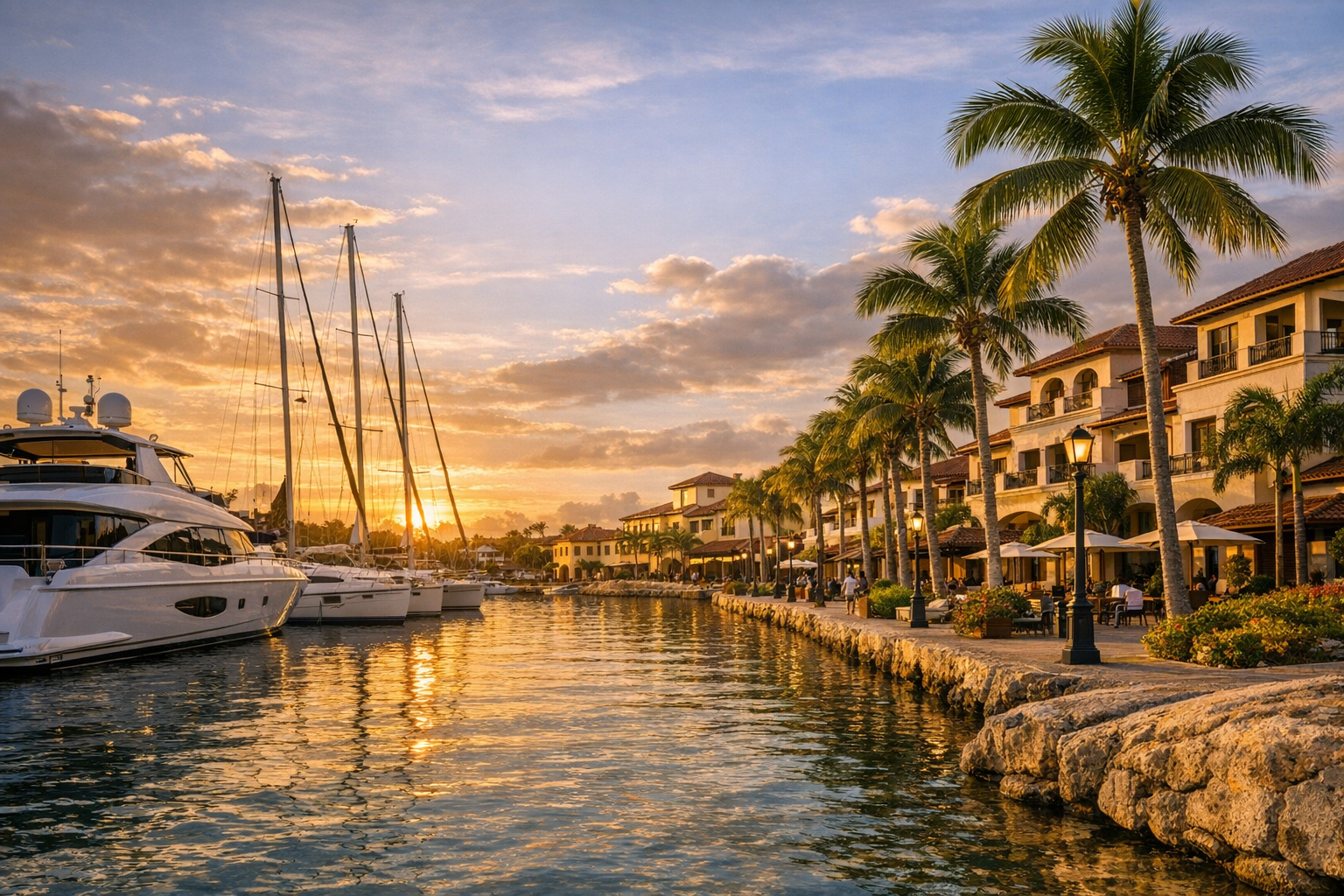 Port esportiu a La Romana amb iots, palmeres i una atmosfera tranquil·la