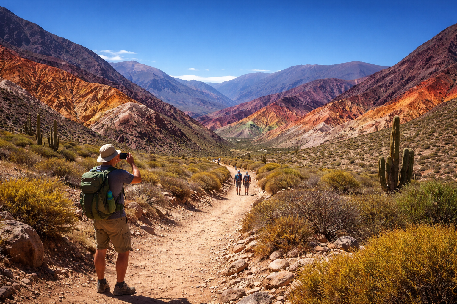 The multicolored mountains of Quebrada de Humahuaca and a tourist photographing the landscape with a smartphone