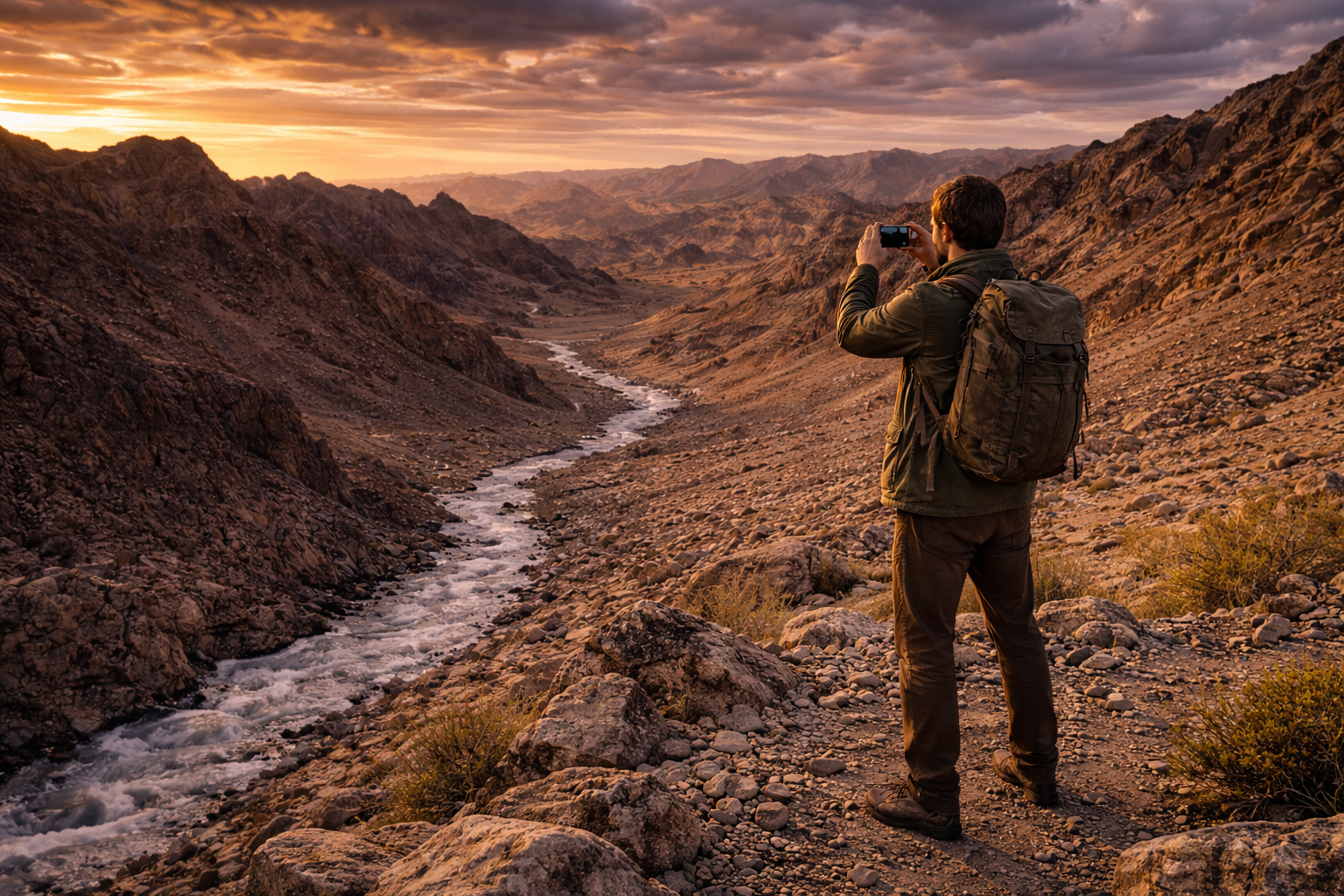 Gurvansaikhan con montañas, paisaje desértico y un viajero con smartphone