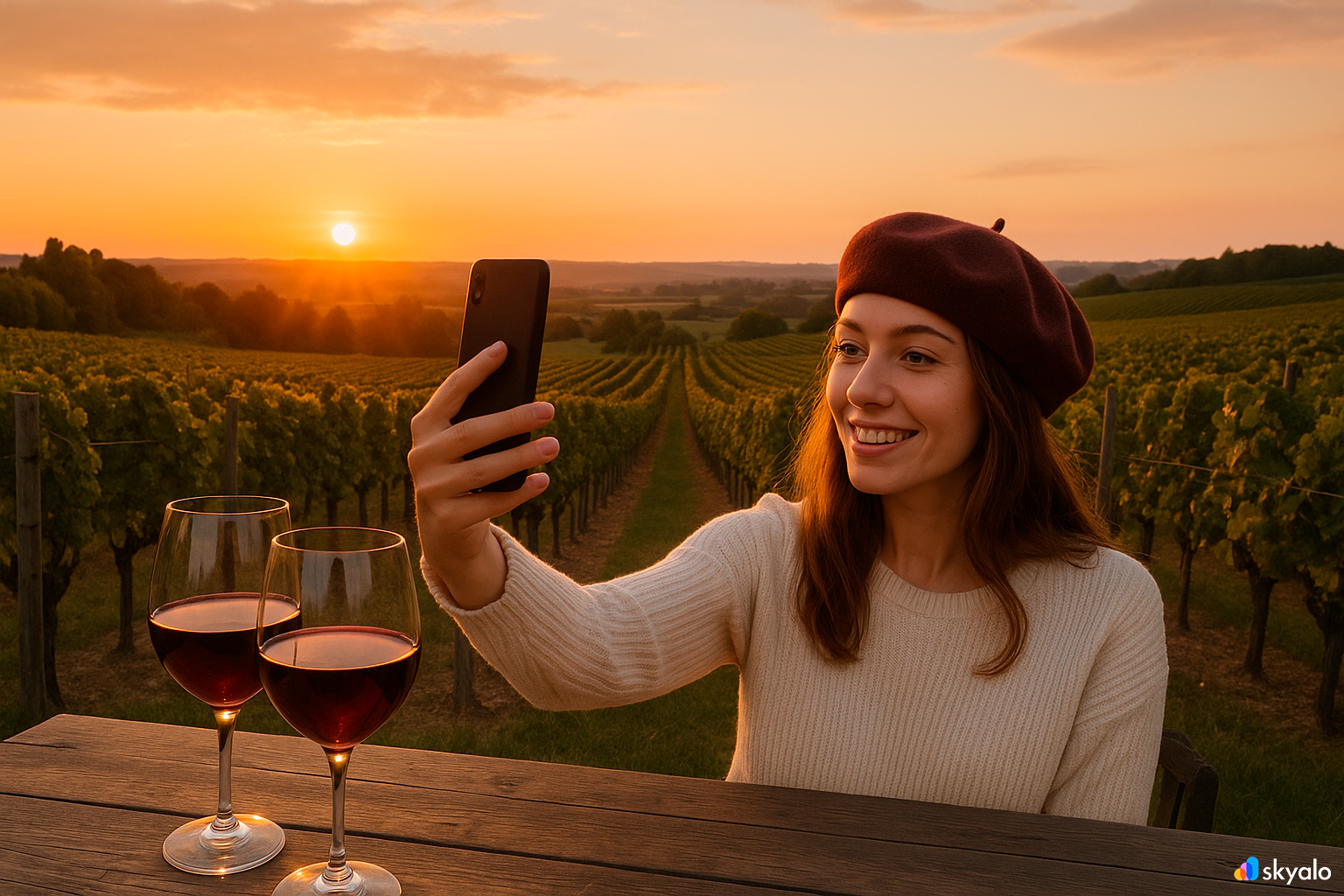Tourist taking a selfie among Bordeaux vineyards at sunset