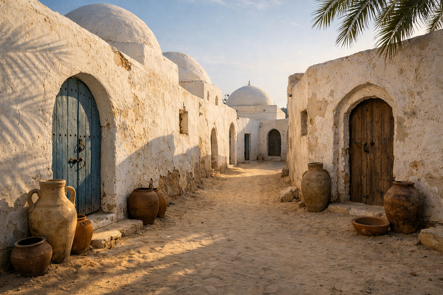 Tradisjonell arkitektur på Djerba med hvite kuppelhuse