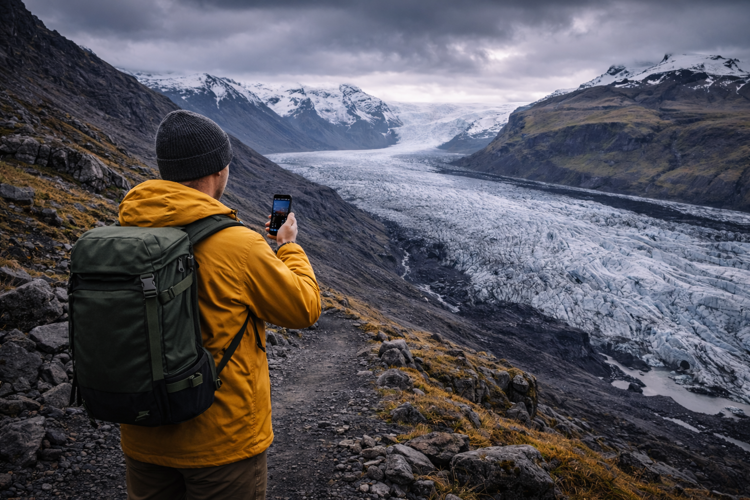Skaftafell nacionālais parks Islandē ar ledājiem, kalnu takām, vulkānisku reljefu un ceļotāju ar viedtālruni un eSIM maršrutā