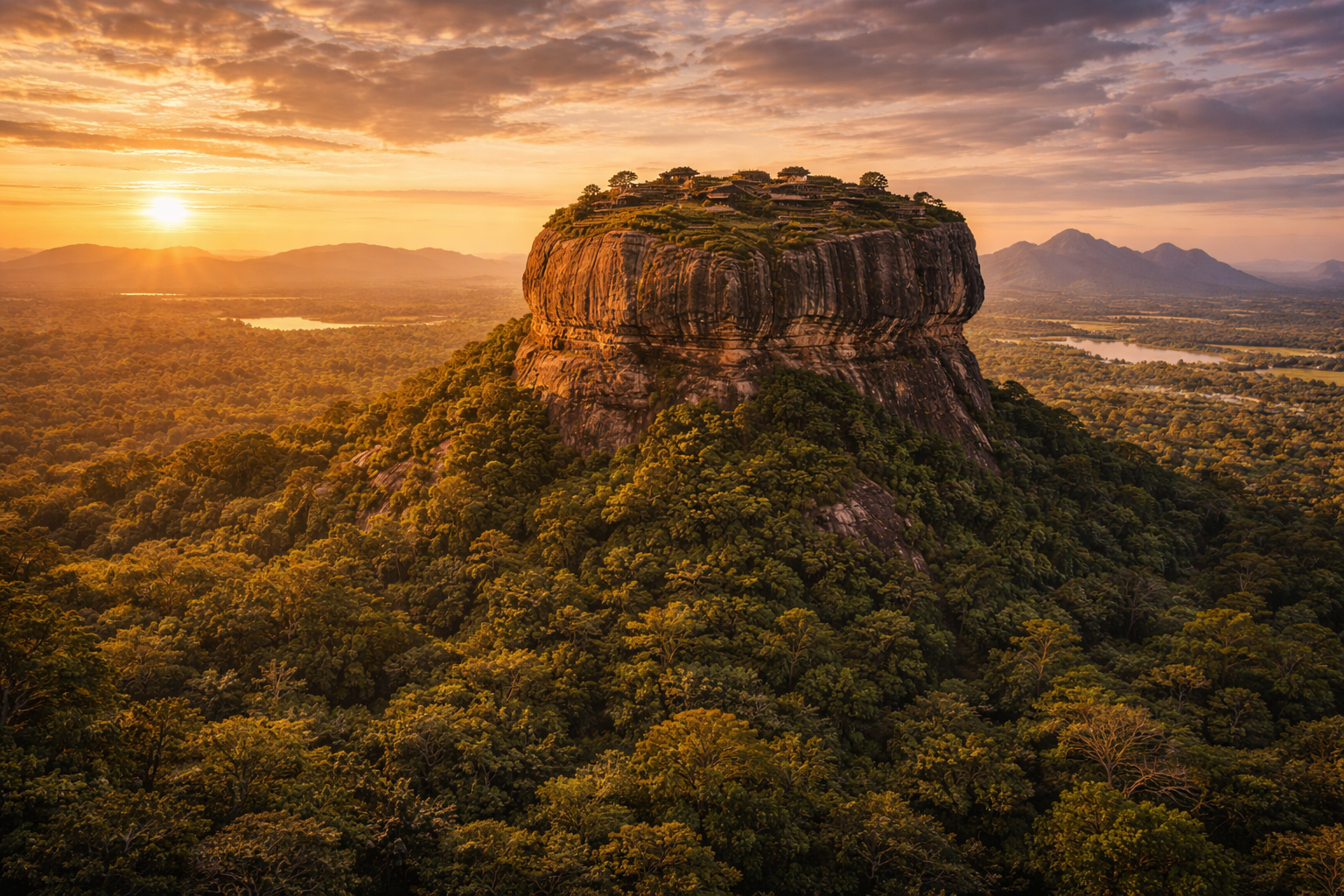 Sigiriya Rock against the backdrop of Sri Lanka’s tropical jungle, with the ruins of an ancient fortress on top.