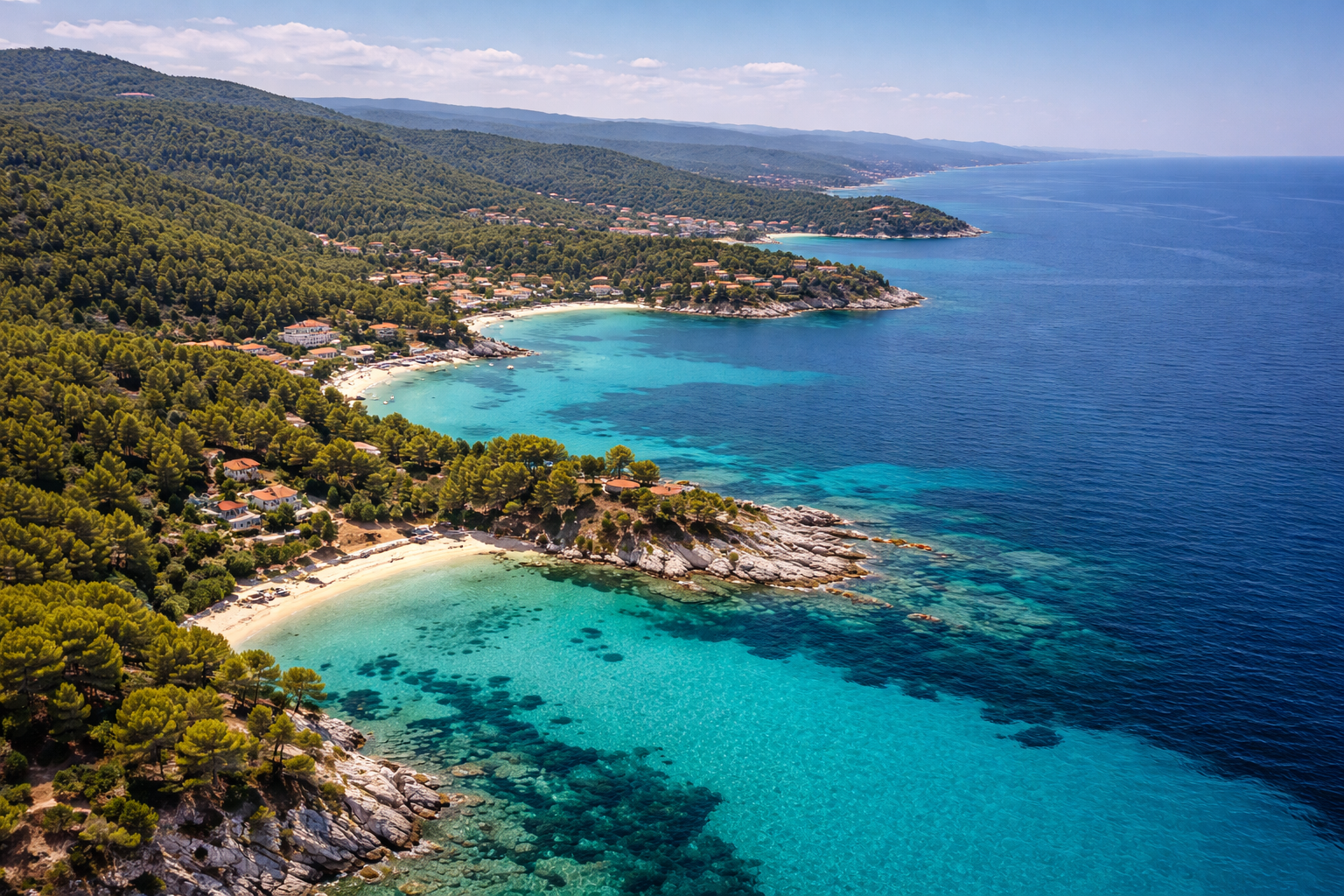 Halkidiki coastline with green hills and coves