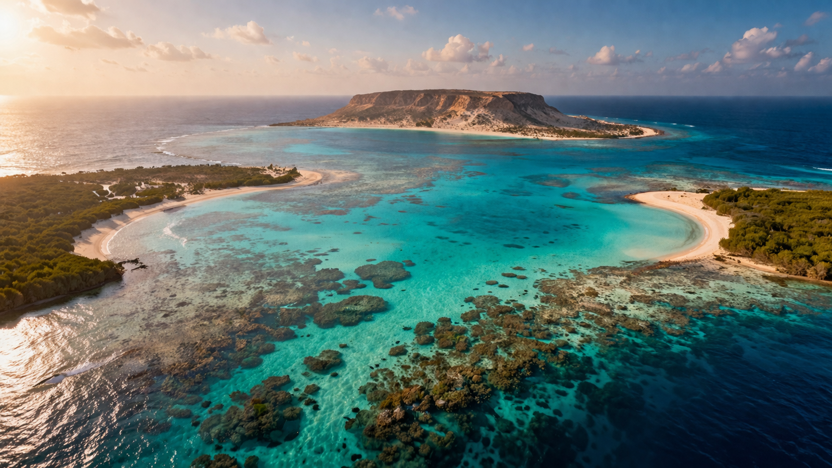 מפרץ דונגונאב והאי מוקקוואר בסודן עם מים צלולים של הים האדום, אזורי אלמוגים, חופים חוליים ונוף אי מרוחק.
