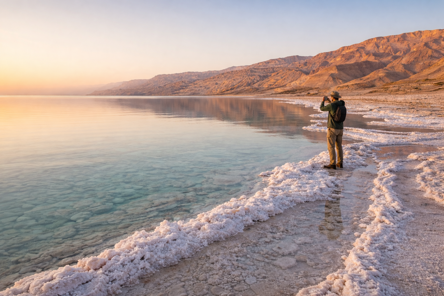 ים המלח בירדן עם מים מינרליים חלקים, משקעי מלח לבנים על החוף, גבעות מדבריות ואווירת מנוחה רגועה - לוקיישן נוח לטיול נוח עם חיבור קבוע