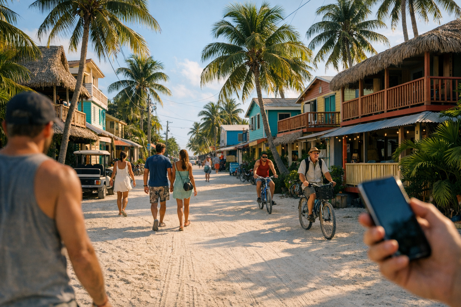 Кей-Колкер із піщаними вулицями, пальмами та туристами, одна людина з телефоном у руках