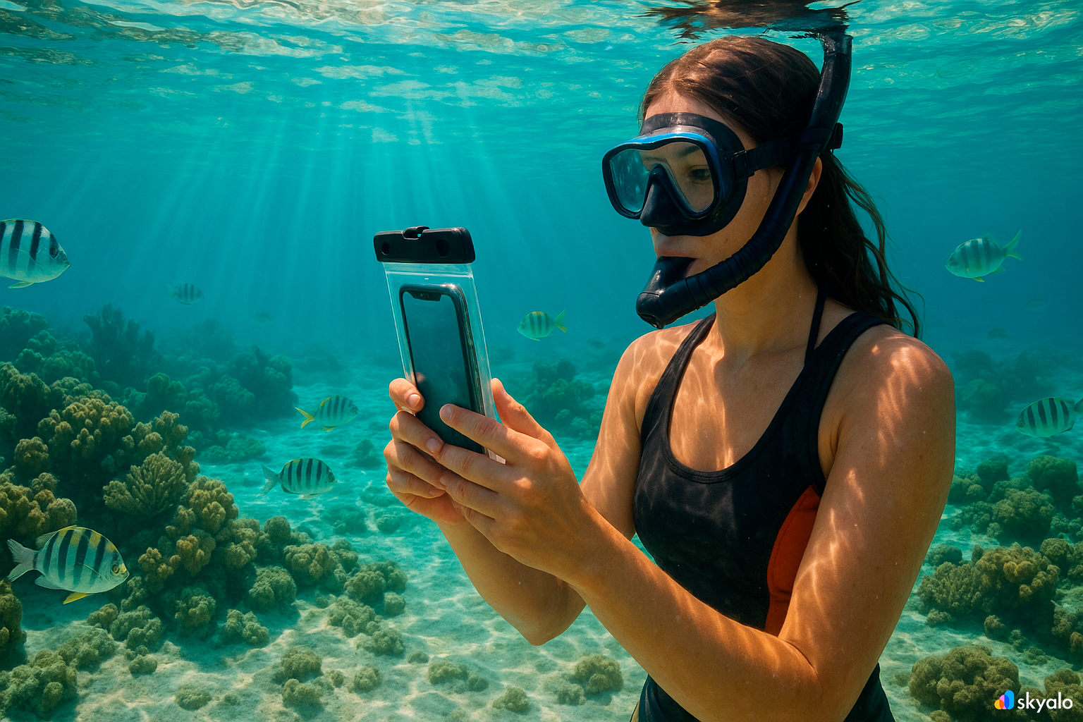 Woman snorkeling off Cozumel, phone in a waterproof case enables underwater selfies; sunbeams and coral gardens