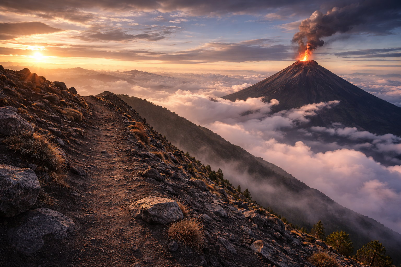 הר הגעש אקטננגו בגואטמלה עם תבליט הררי קשוח, עננים מתחת לפסגה ונוף להר הגעש הפעיל פואגו