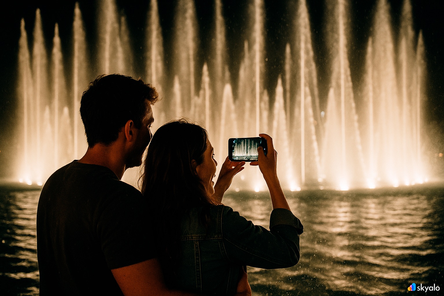 A couple records the Dubai Fountain show
