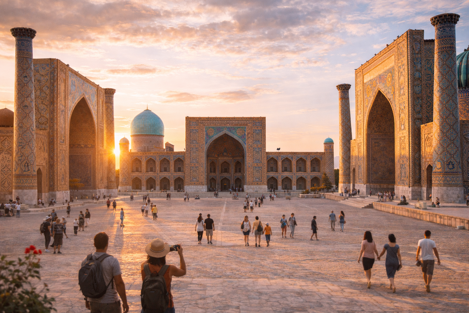 Piazza Registan a Samarcanda con madrase e cupole azzurre