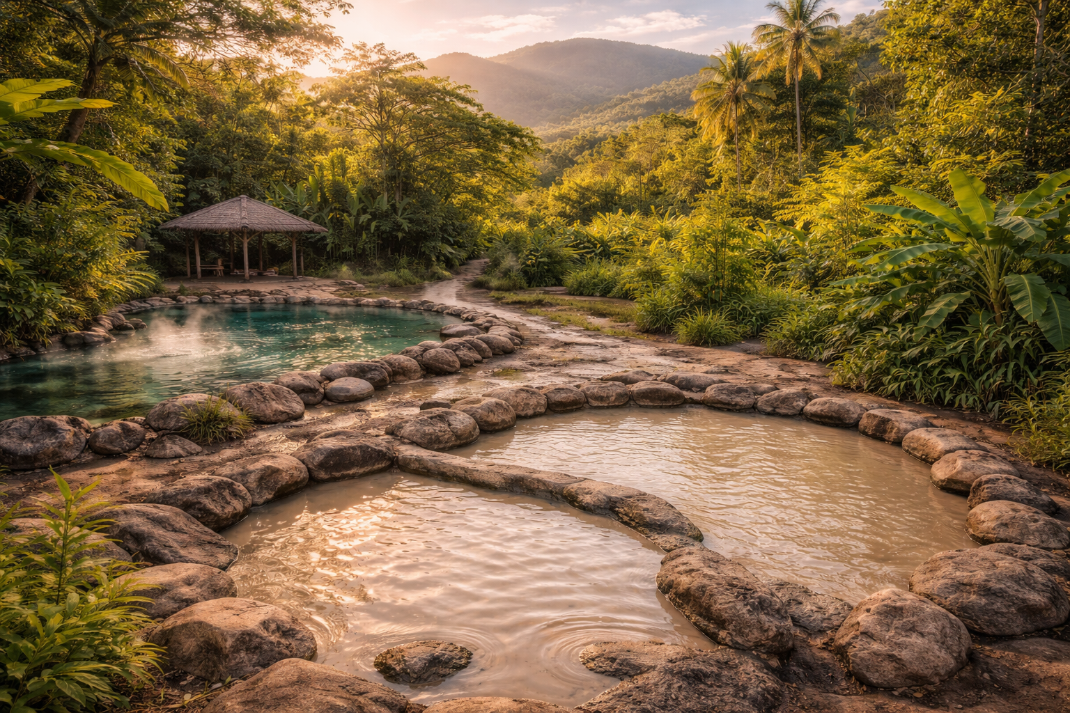 Horké prameny Sabeto na Fidži s přírodními bazény, tropickou zelení, bahenními koupelemi a klidnou atmosférou odpočinku
