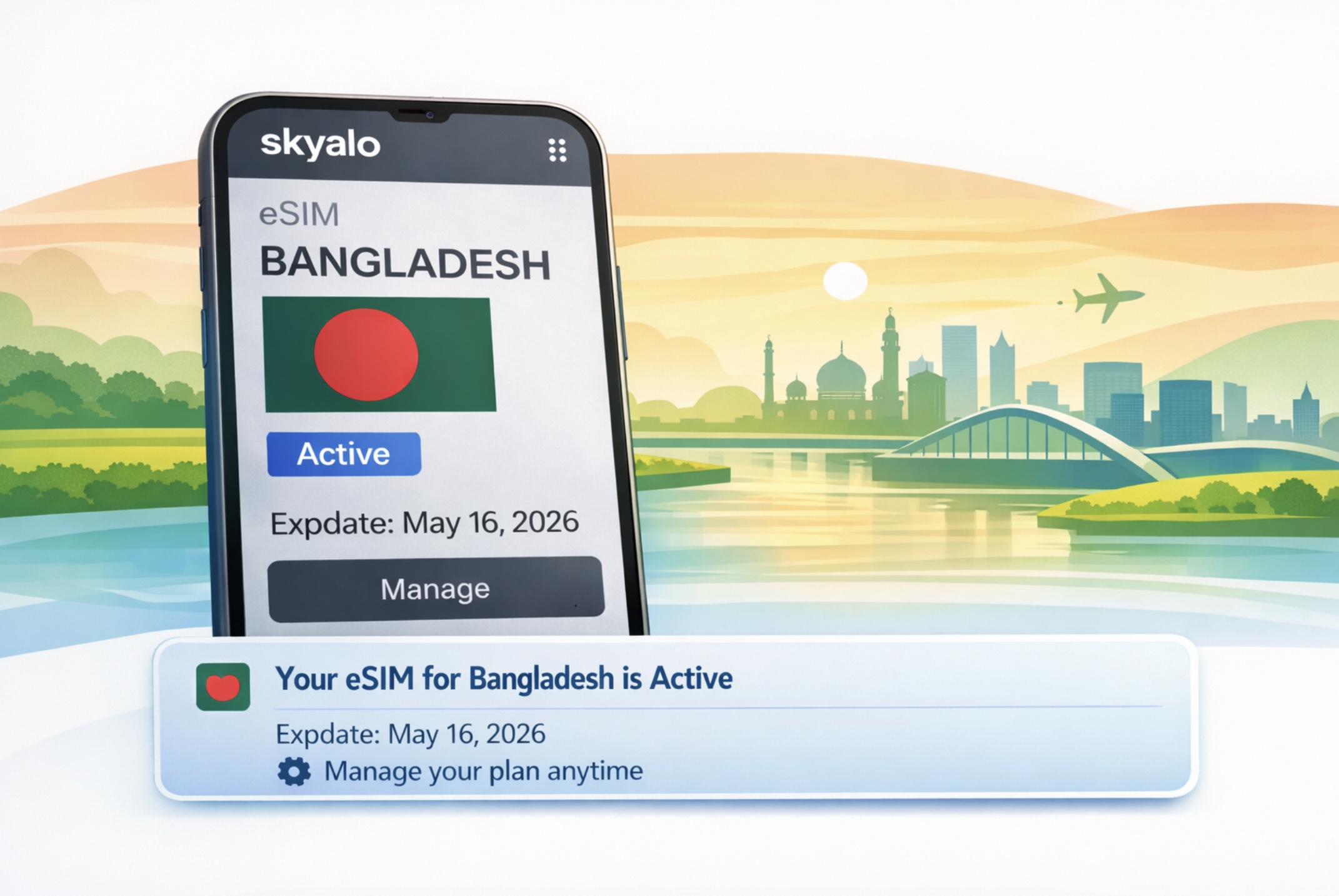 אינפוגרפיקה מודרנית עם eSIM פעיל לבנגלדש על מסך סמארטפון