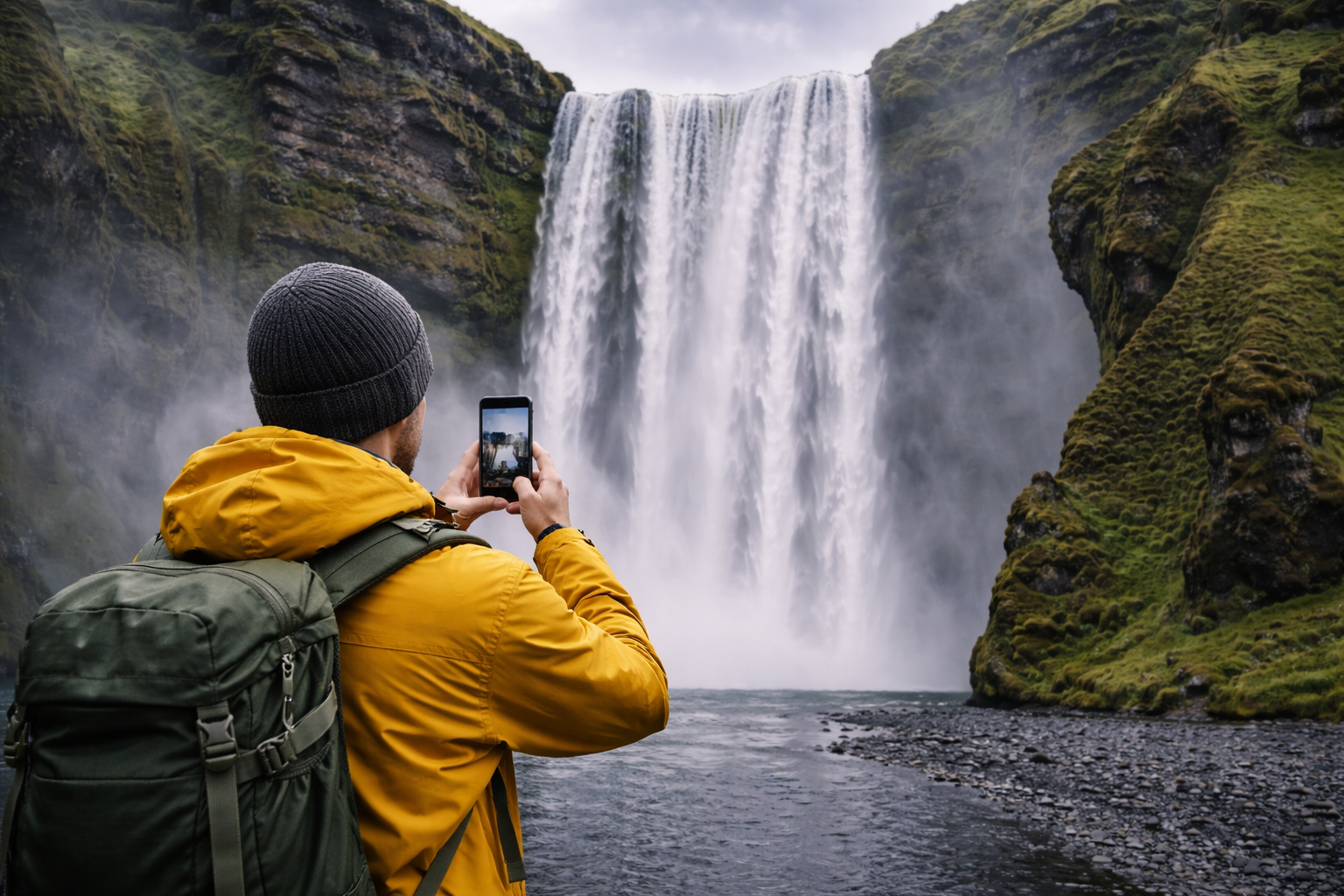 Skógafoss ūdenskritums Islandē ar spēcīgu ūdens straumi, miglu pie pamatnes, zaļām nogāzēm un ceļotāju ar viedtālruni un eSIM road trip laikā