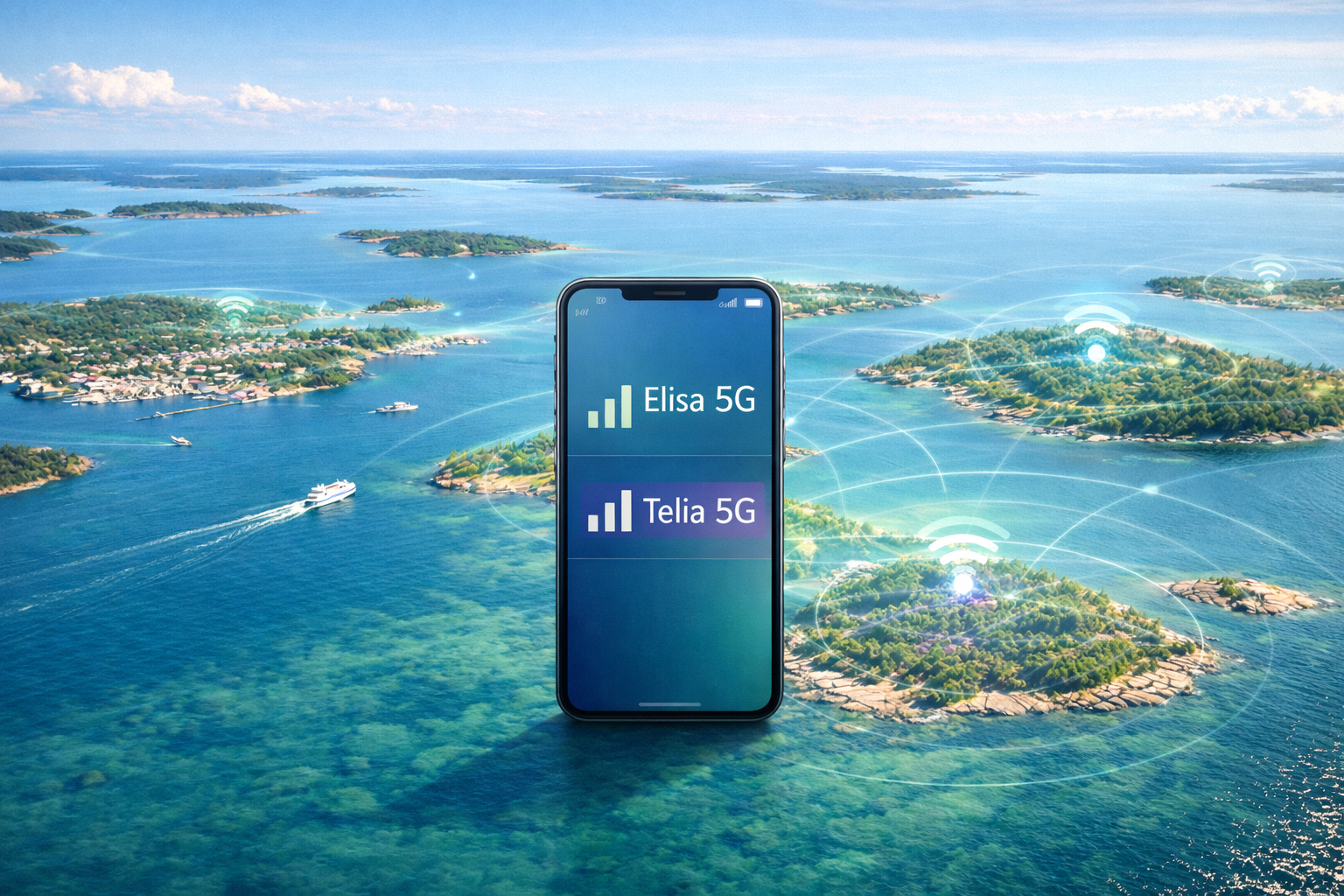 A smartphone centered in the frame with active Elisa 5G and Telia 5G networks against the Åland Islands archipelago backdrop and a mobile coverage visualization