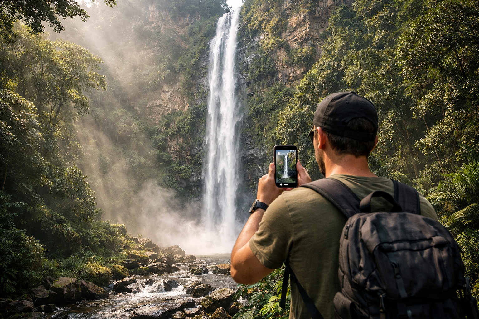 Wli Waterfall in a tropical forest and a tourist with an eSIM smartphone