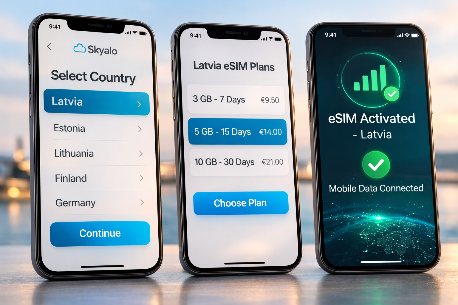Connecting an eSIM for Latvia on three smartphones standing upright — country selection, plan selection, and successful activation