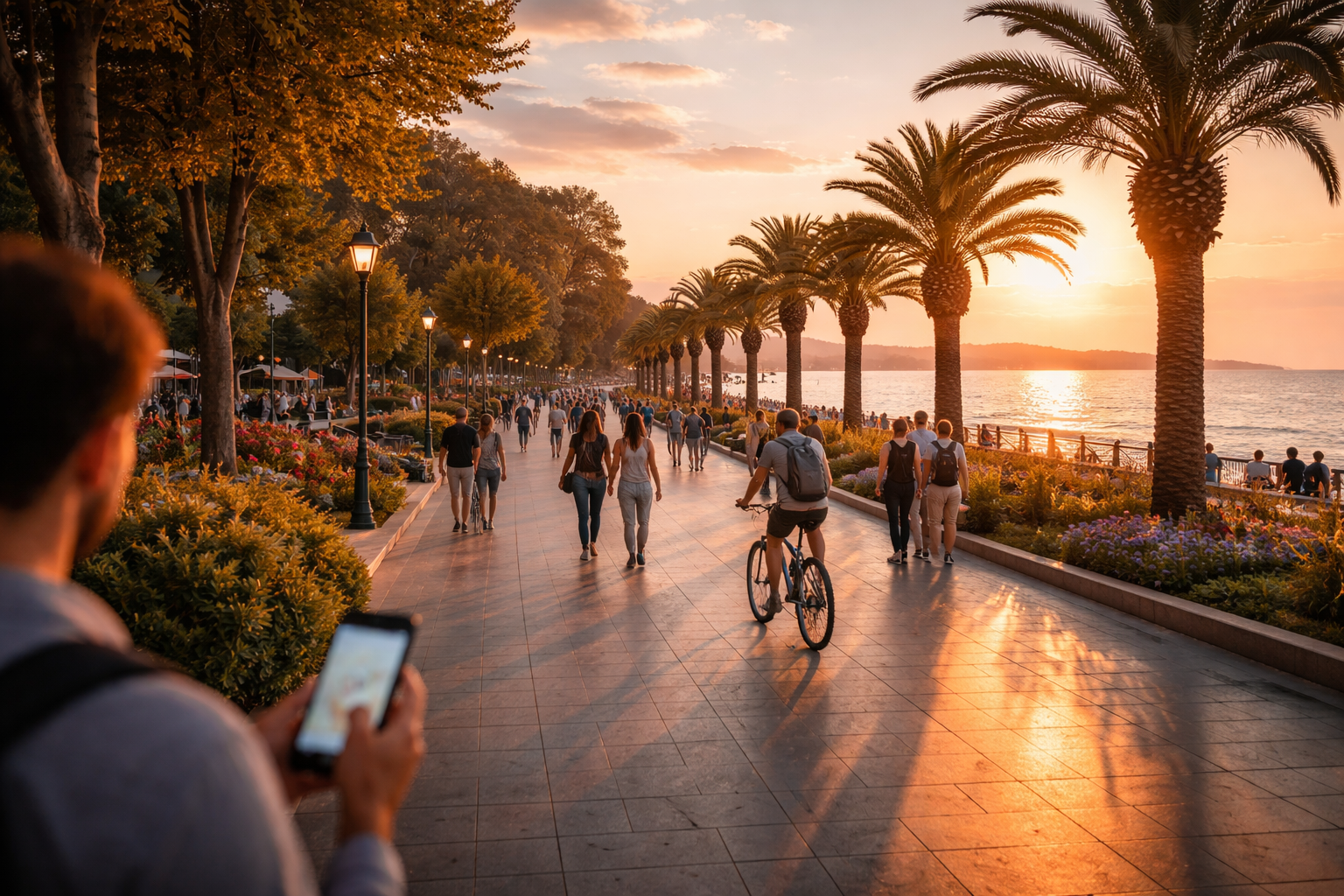 Varna coastline and tourists using eSIM internet during a walk