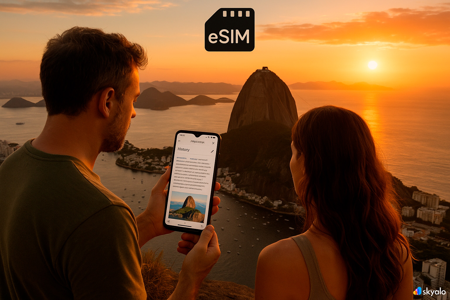 Couple reading about Sugarloaf’s history on a smartphone via Skyalo eSIM at sunset
