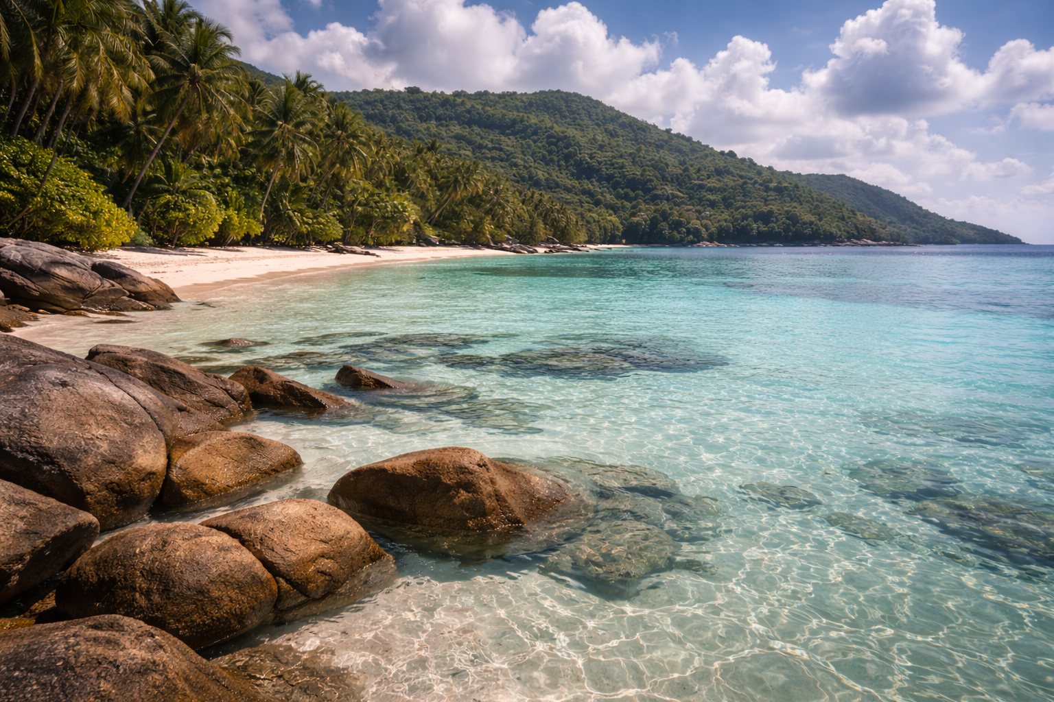 خليج بورت لونيه في سيشل بمياهه الصافية وصخوره الغرانيتية وتلاله الخضراء