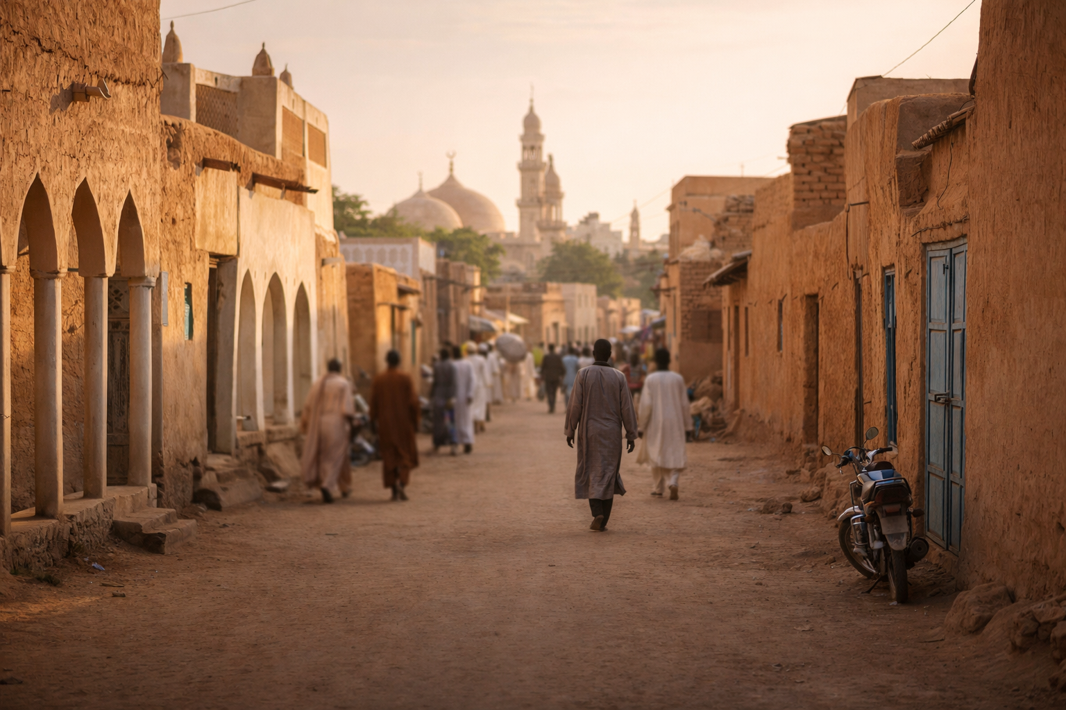 רחובות אבשה עם אדריכלות מסורתית ותושבים מקומיים ברקע