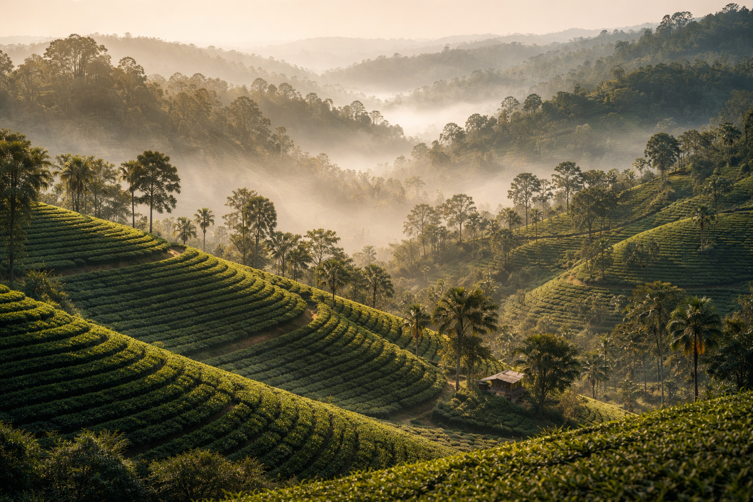 מטעי התה של סרימנגאל עם גבעות ירוקות וערפל היוצר עומק וריבוד בנוף