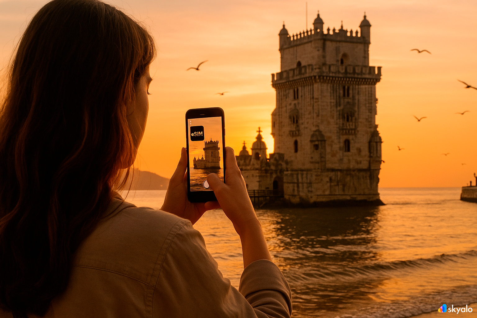 Traveler photographing Belém Tower at sunset; Skyalo eSIM keeps her online to share photos instantly