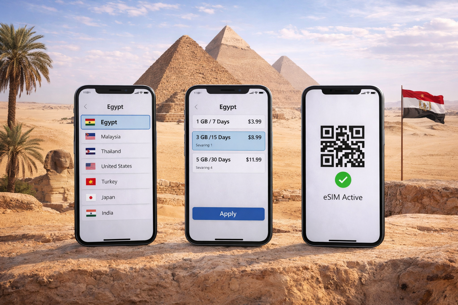 The eSIM setup process for Egypt on three smartphones with the Pyramids of Giza in the background