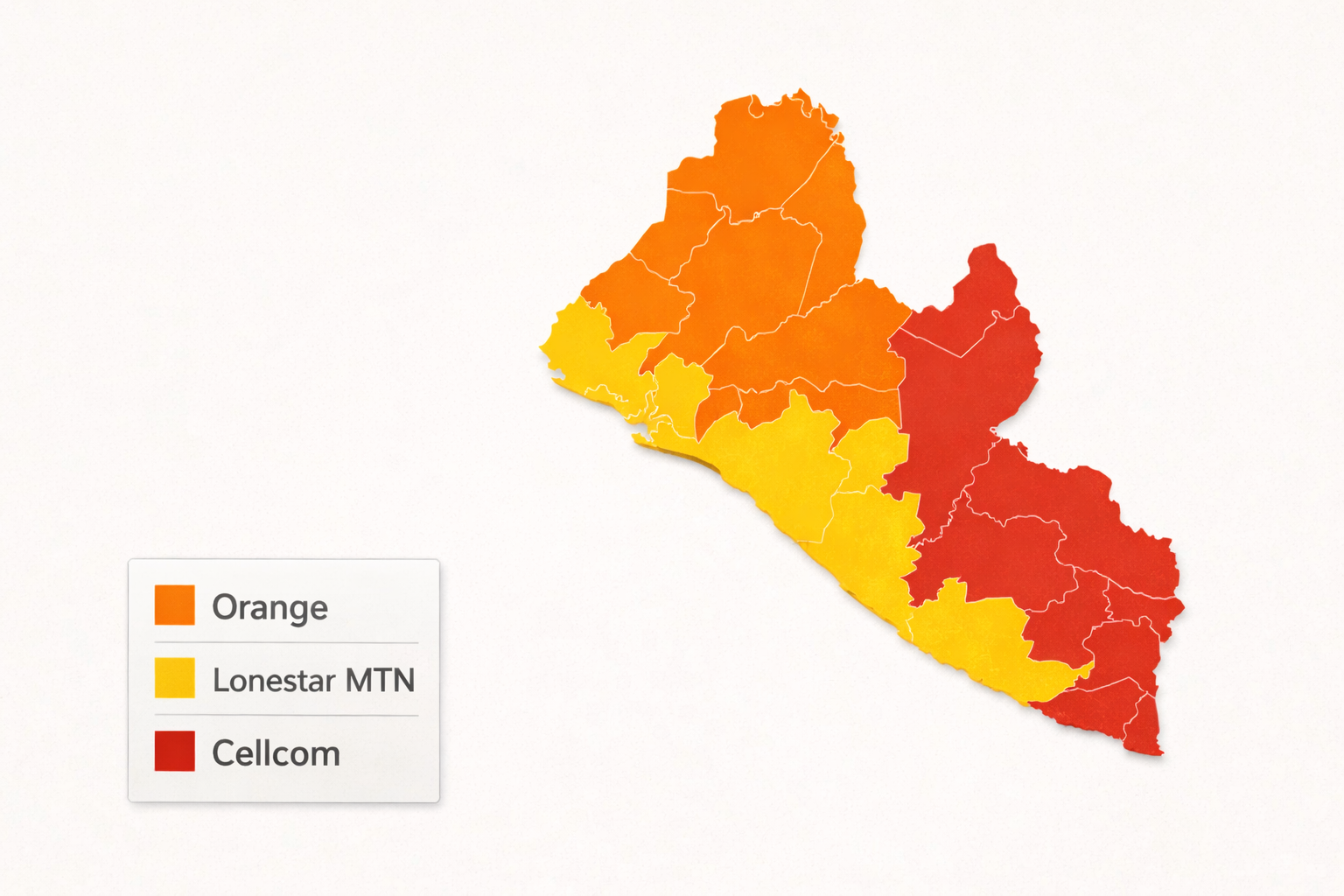 Mobiliojo ryšio aprėpties žemėlapis Liberijoje su regionų padalijimu pagal Orange, Lonestar MTN ir Cellcom