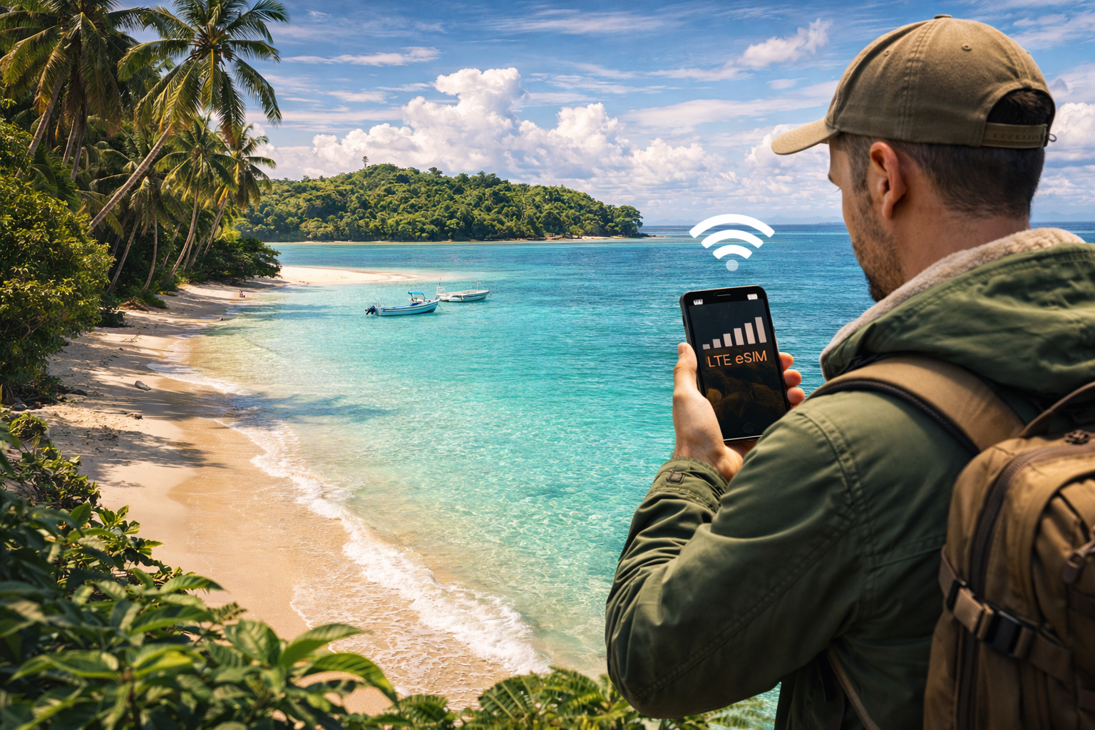Panama’s Pearl Islands and a tourist with a smartphone using an eSIM